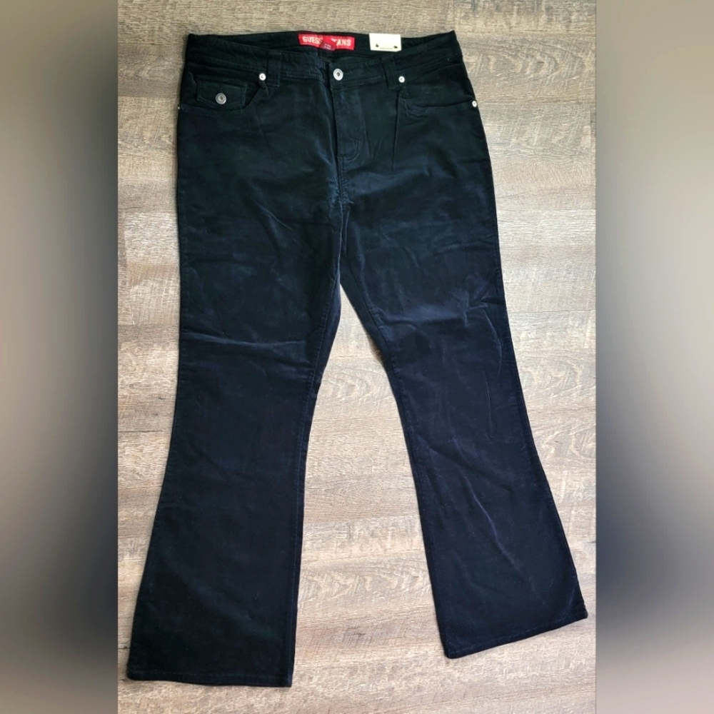 Y2K Vintg Guess‎ Flared Corduroy Pants Womens 34 Black Stretchy Low-Mid Rise NWT